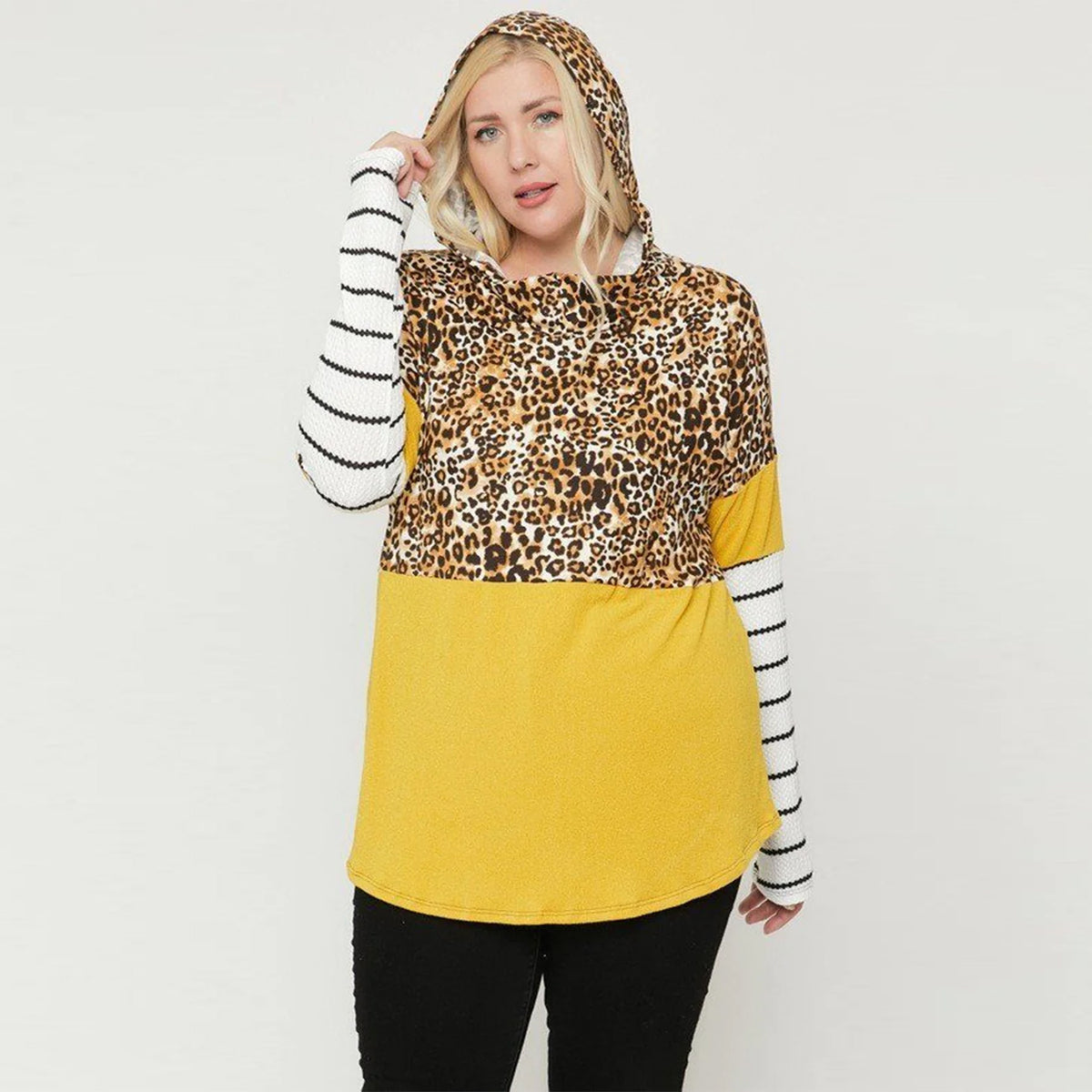 Mustard Color Block Cheetah Print Plus Size Hoodie