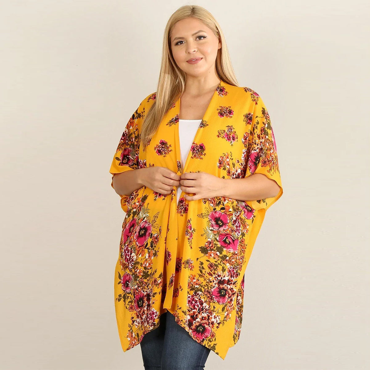 Mustard Floral Print Plus Size Kimono