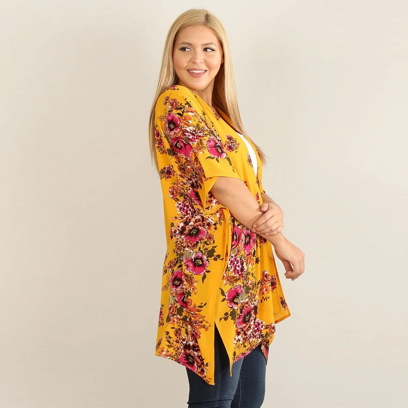 Mustard Floral Print Plus Size Kimono