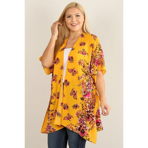 Mustard Floral Print Plus Size Kimono