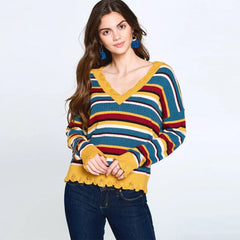 Mustard Stripe Long Sleeves Multi-colored Knit Sweater