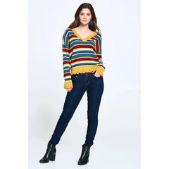 Mustard Stripe Long Sleeves Multi-colored Knit Sweater