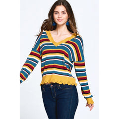 Mustard Stripe Long Sleeves Multi-colored Knit Sweater