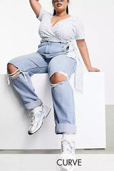 Mom Jeans in Stonewash Curve High Rise With Rips