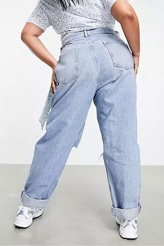 Mom Jeans in Stonewash Curve High Rise With Rips