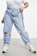 Mom Jeans in Stonewash Curve High Rise With Rips