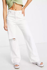 Monki cotton blend baggy straight leg distressed jeans