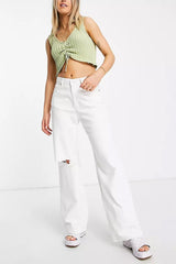 Monki cotton blend baggy straight leg distressed jeans