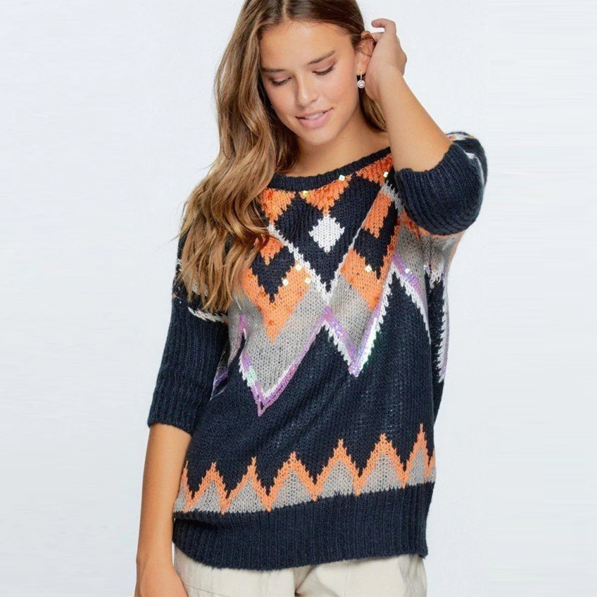 Navy Blue Aztec Pattern With Glitter Accent Sweater