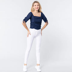 Navy Elbow Slv Smocked Ruched Woven Top