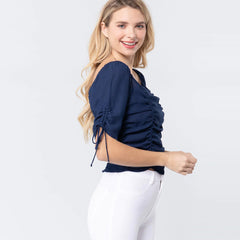 Navy Elbow Slv Smocked Ruched Woven Top