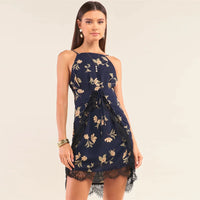 Navy Multi Floral Halter Neck Sleeveless Front Self-tie Lace Trim Slip Mini Dress