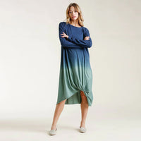 Navy Ombre Knot Detail Long Sleeve Maxi Dress
