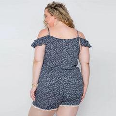 Navy Plus Size Floral Print Lace Up Romper