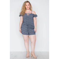 Navy Plus Size Floral Print Lace Up Romper