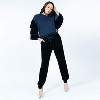 Navy Tiered Velvet Ruffle Sleeve Crew Neck Top