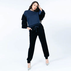Navy Tiered Velvet Ruffle Sleeve Crew Neck Top
