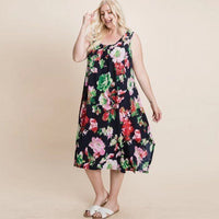 Navy & Green Floral Printed Tank Plus Women's Midi Dress
