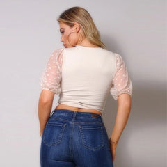Nude Polka Dot Mesh Puff Sleeve Contrast Women's Top