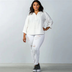 Oatmeal Stand-up Collar Roll Tab Sleeve Plus Women's Blouse