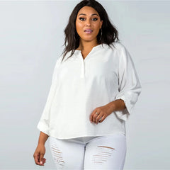 Oatmeal Stand-up Collar Roll Tab Sleeve Plus Women's Blouse