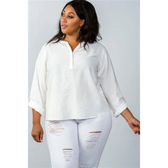 Oatmeal Stand-up Collar Roll Tab Sleeve Plus Women's Blouse