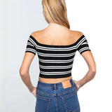 Off Shoulder Stripe Rib Sweater Top -Black & White