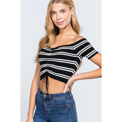 Off Shoulder Stripe Rib Sweater Top -Black & White