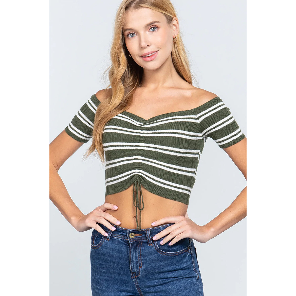 Off Shoulder Stripe Rib Sweater Top - Green & White