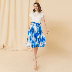 Off White & Blue Self-buckle Belt Printed Women's Skirt