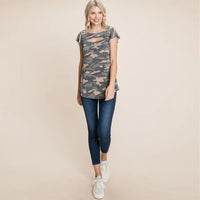 Olive Camo Printed Neckline Sleeves Women's Top