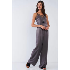 Olive Chic Satin Sleeveless V-neck Jumpsuit