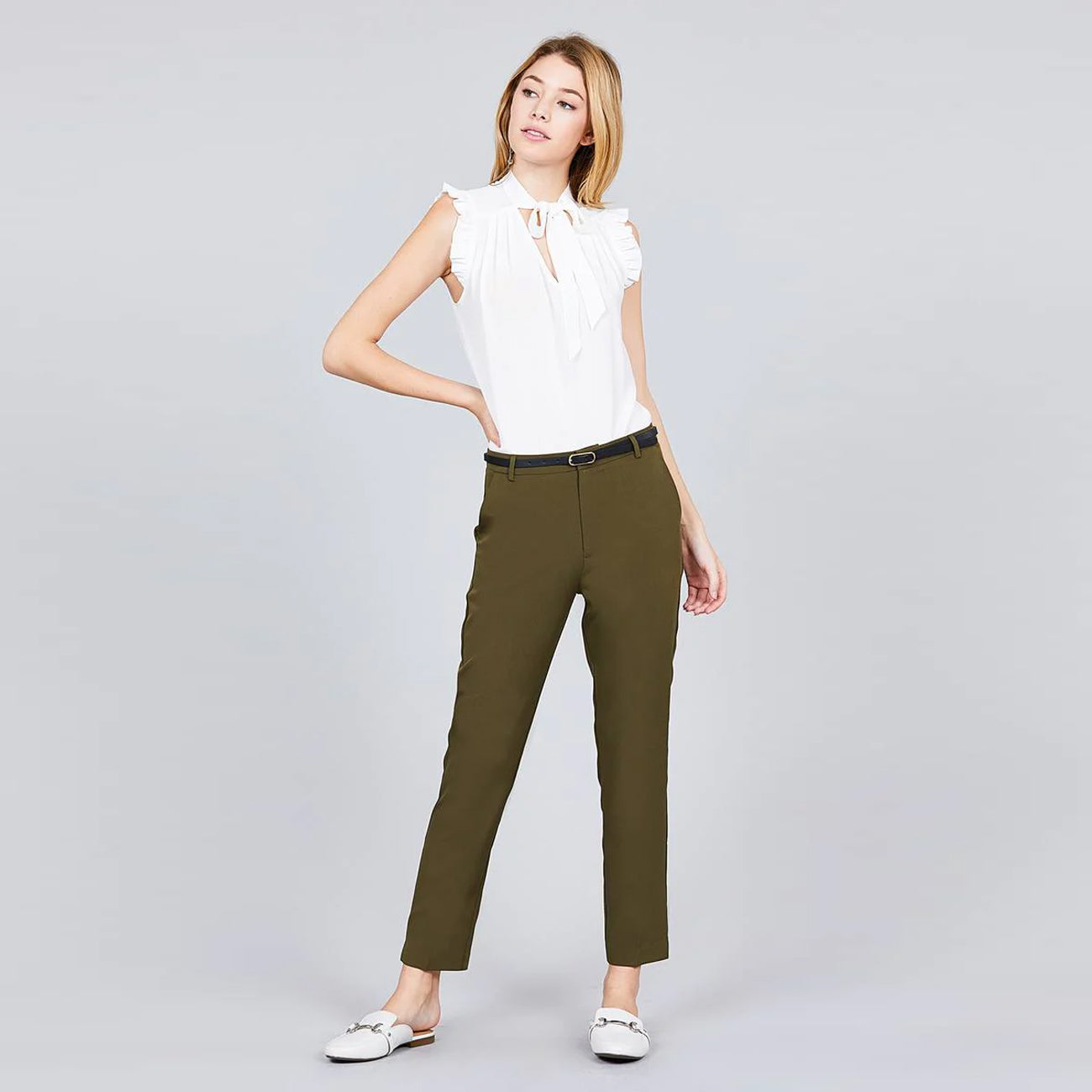 Olive Classic Woven with Belt Cropped Pants