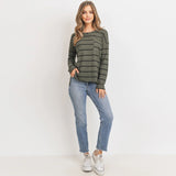 Olive Green Stripe Round Collar Long Sleeves 