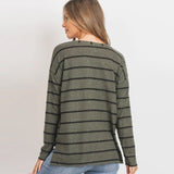Olive Green Stripe Round Collar Long Sleeves 