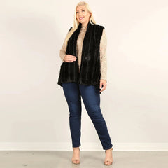 Open Front Faux Fur Vest Plus Size Jacket - Black.
