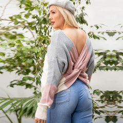 Open Back Twisted Color Block Print Sweater Top