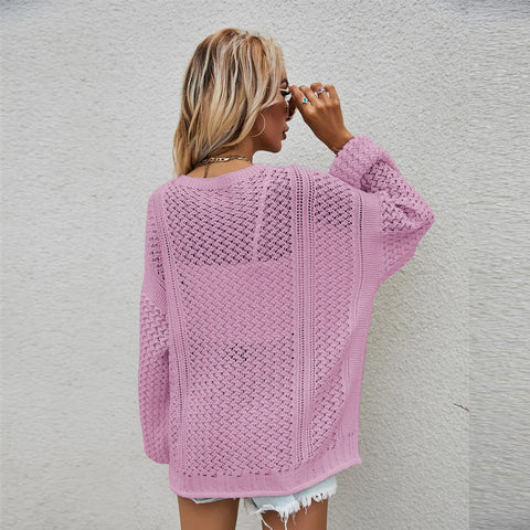  Openwork V-Neck Dropped Shoulder Cardigan