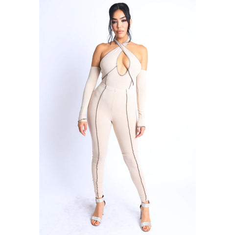 Overlock Detailed Cross Halter Keyhole Neck Off Shoulder Set
