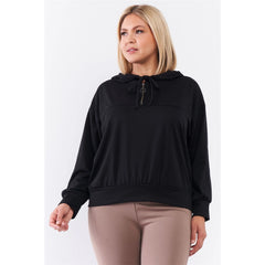 Oversize High Neck Zip-up Draw String Tie Sweatshirt - Black