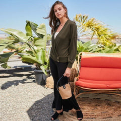 Overwrap Front Button Detail Long Sleeve Knit