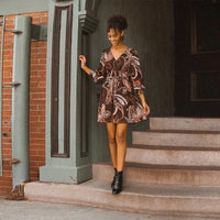 Paisley Print Woven Mini Dress - Brown