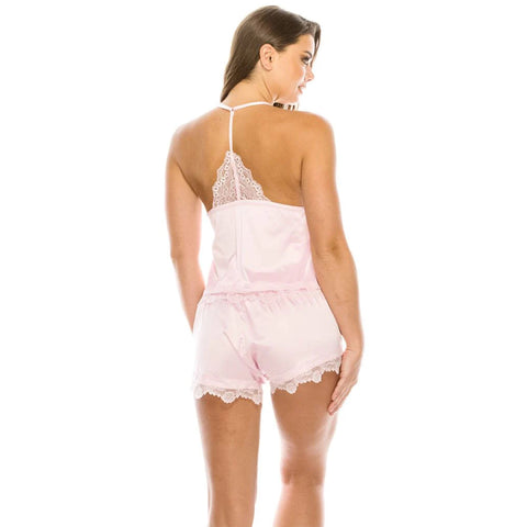  Pink 2 Piece Satin Lace Trimed Pj Short Set