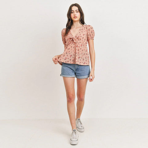 Pink BlushFloral Front Tie Waffle Peplum Top