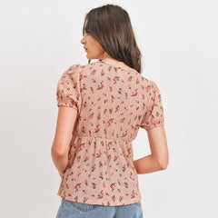 Pink BlushFloral Front Tie Waffle Peplum Top