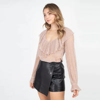 Pink Blush Polka Dot Ruffle Long Sleeves Transparent Blouse