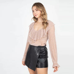 Pink Blush Polka Dot Ruffle Long Sleeves Transparent Blouse