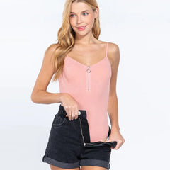 Pink Front Zipper Rib Cami Bodysuit