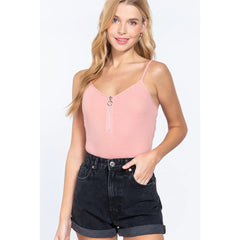 Pink Front Zipper Rib Cami Bodysuit