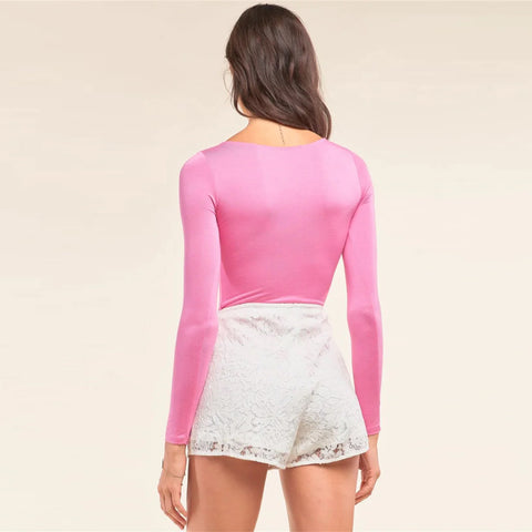 Pink Plain Tight Fit Long Sleeve Round Neck Bodysuit